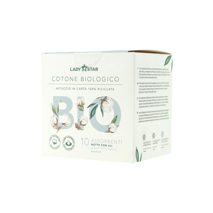 Ladystar Assorbenti Esterni 100% Cotone Bio Notte Ali 10 pezzi