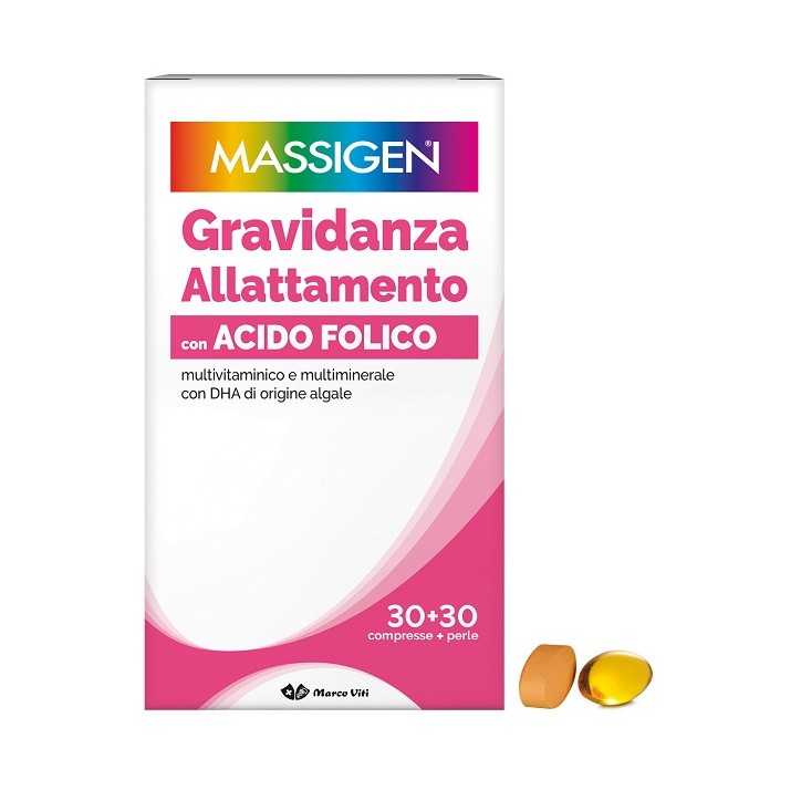 Massigen Gravidanza Allattamento con Acido Folico Multivitaminico e Multiminerale 30 Compresse da 1,1 g + 30 Perle da 700 mg
